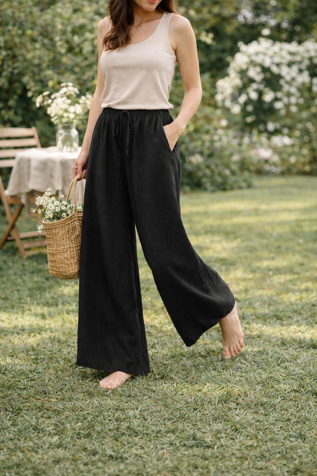 Pantalon femme 2026 décontracté ample en lin et coton couleur unie taille élastique jambe large avec  poche