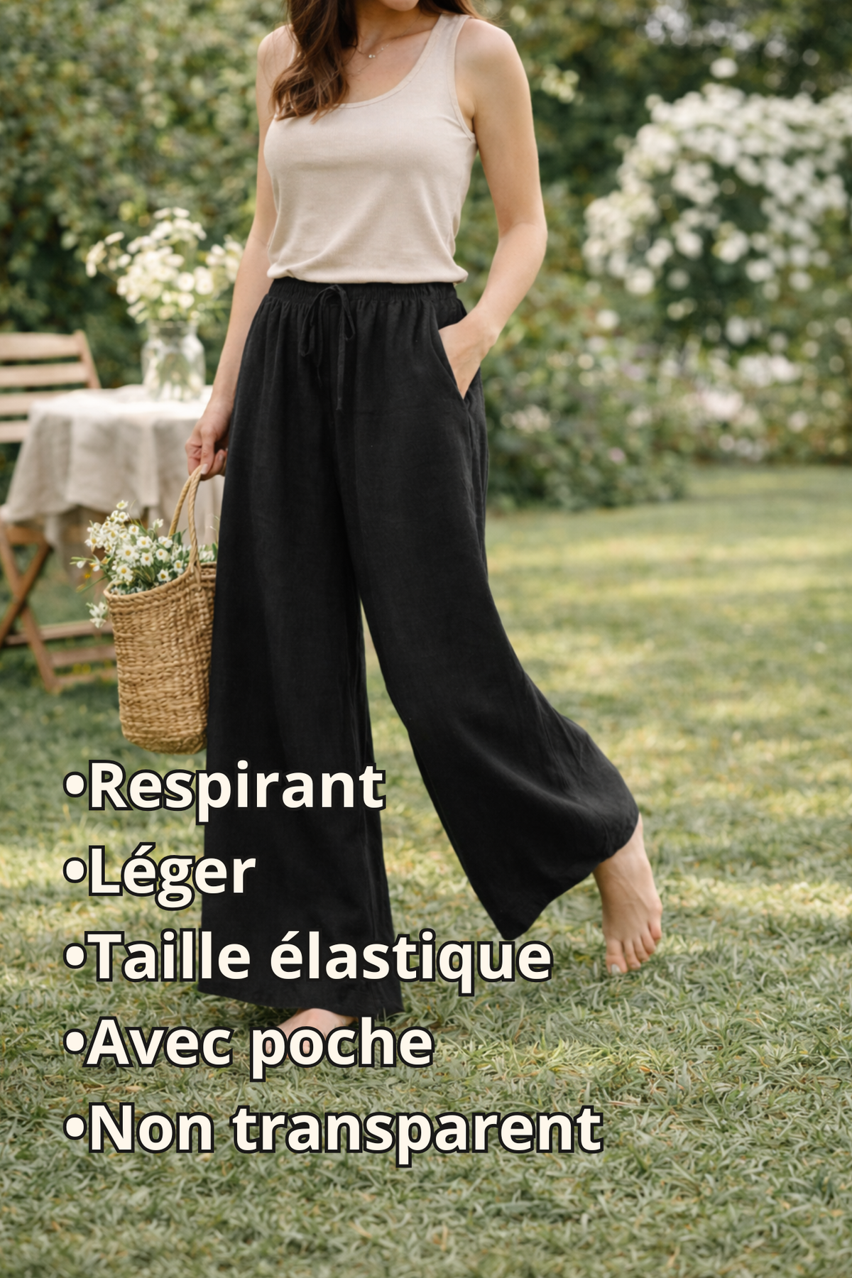 Pantalon femme 2026 décontracté ample en lin et coton couleur unie taille élastique jambe large avec  poche